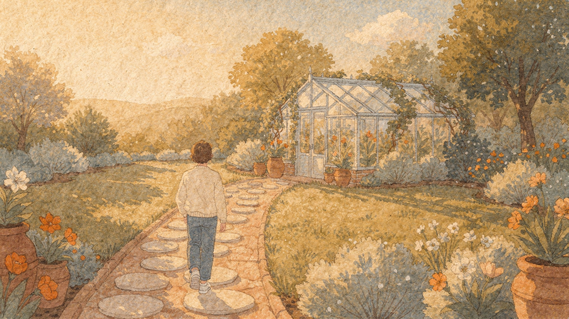 A person following stepping stones toward a greenhouse, like working through a checklist to choose a platform