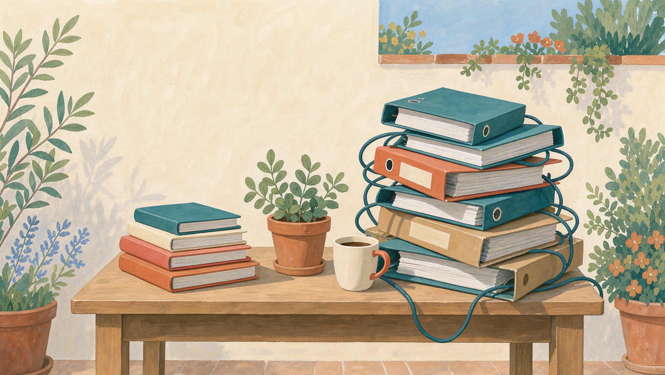 A small desk with a neat stack of notebooks beside a precarious tower of binders and cables, suggesting a tool that has grown too large.