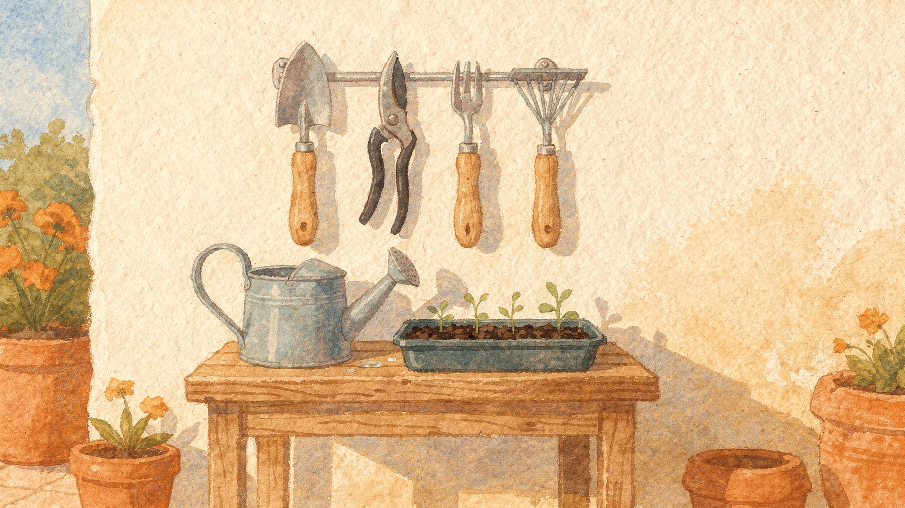 A tidy potting bench with only the essential tools, standing for the short list of features a small team needs