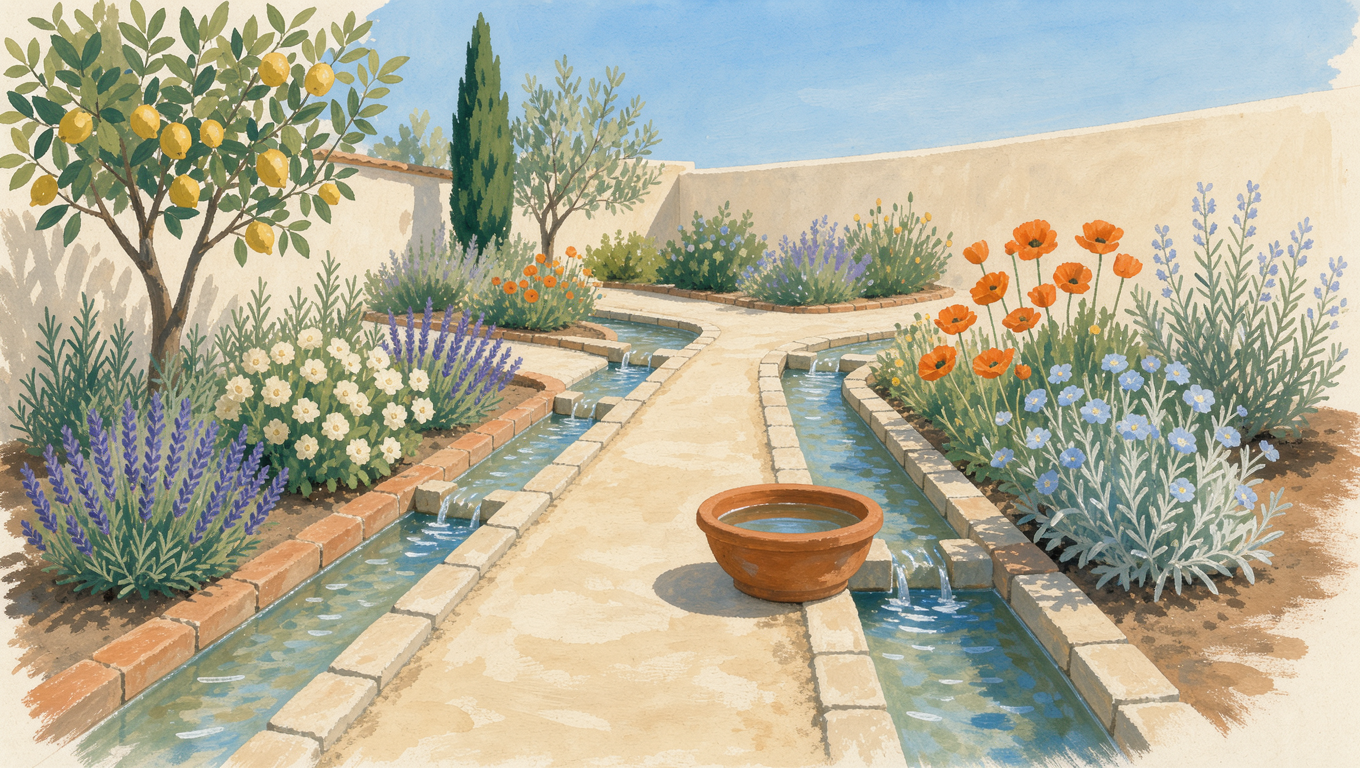 Garden channels guiding water to flower beds