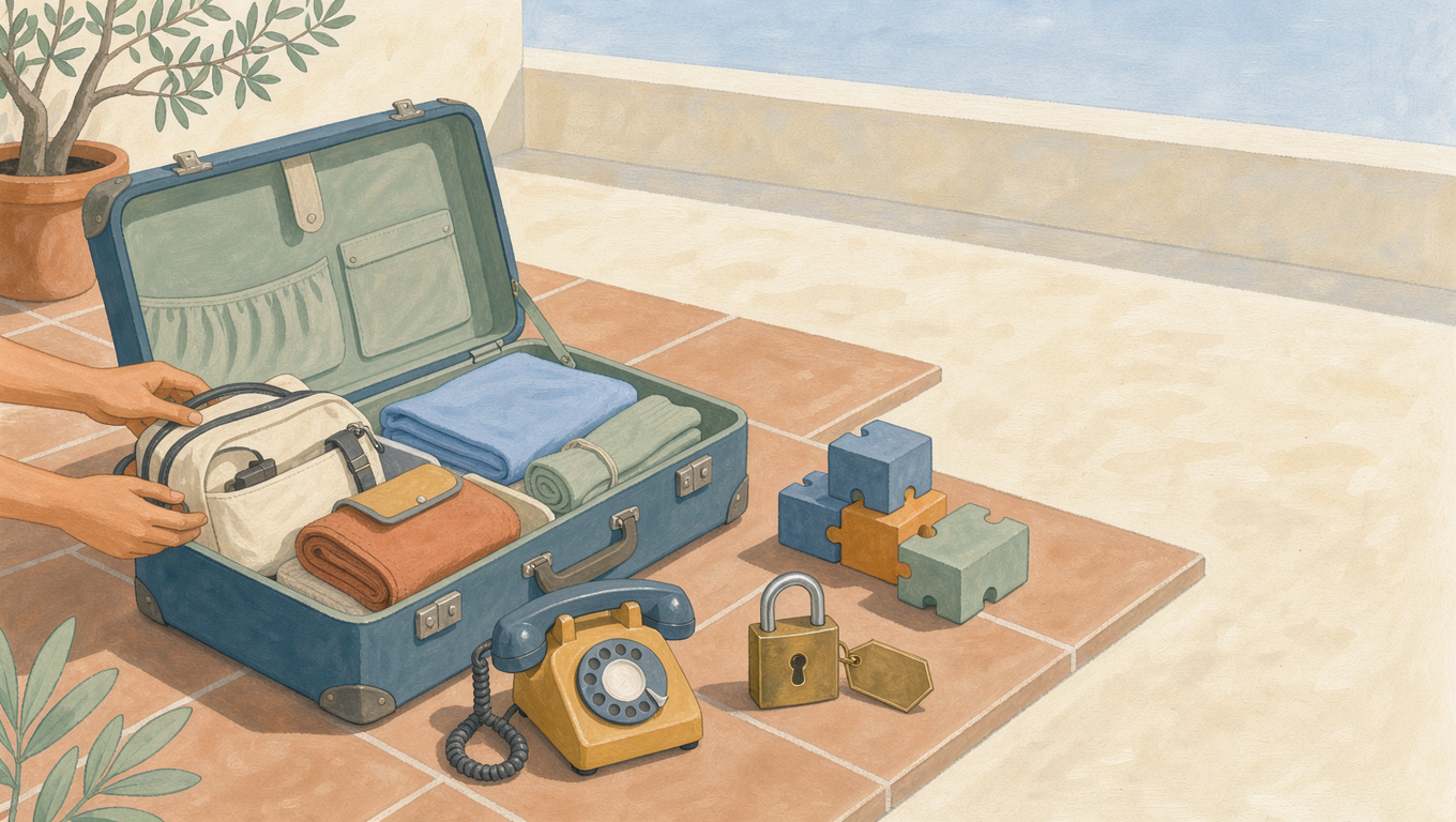 An open suitcase with a rotary phone, padlock, and puzzle pieces being set aside, representing features given up.