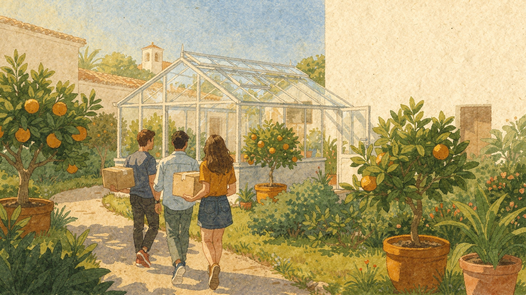 A team moving boxes of letters into a new greenhouse office