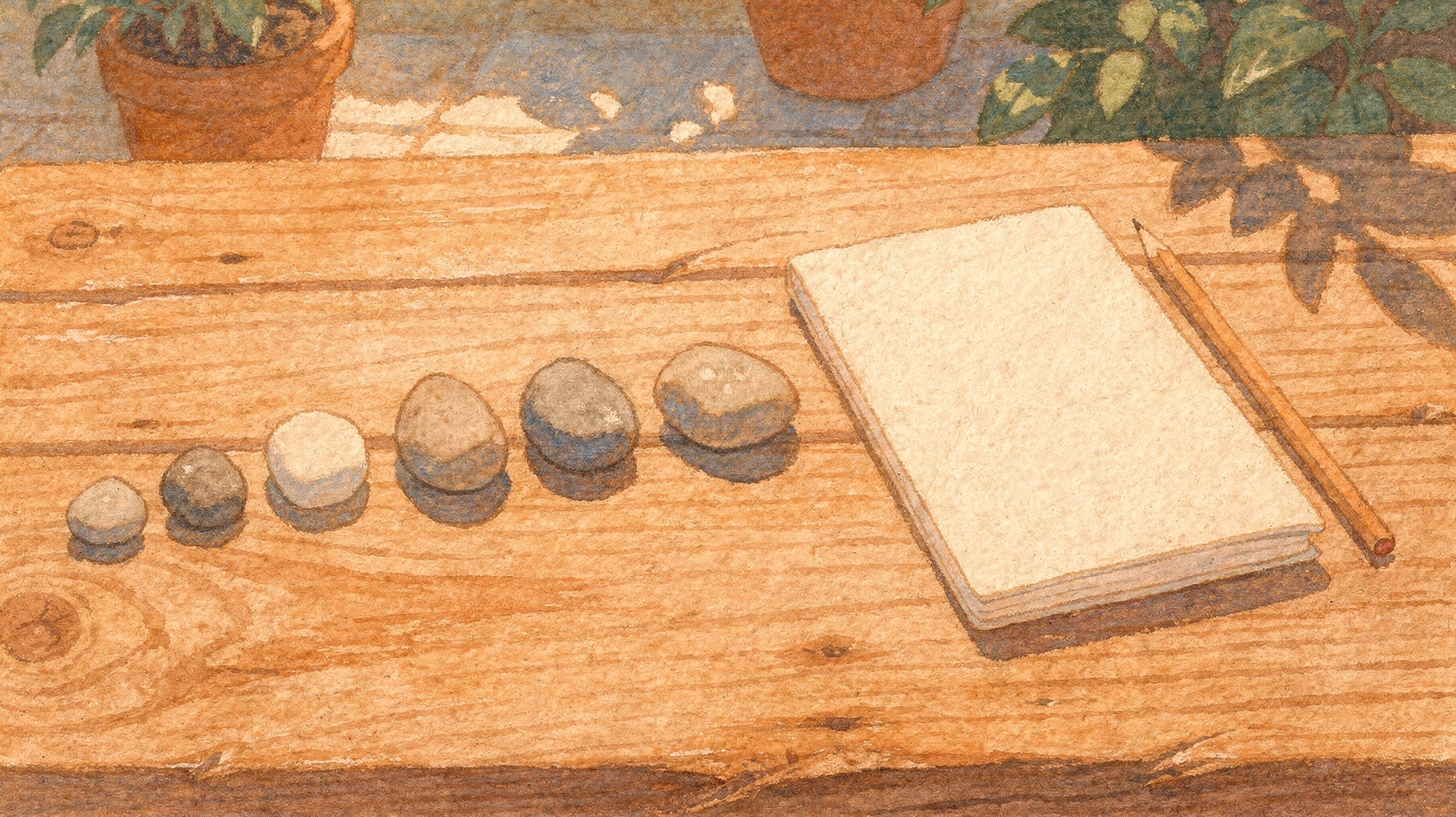 Seven stones in a row from small to large beside a notebook, a picture of a seven-point scale