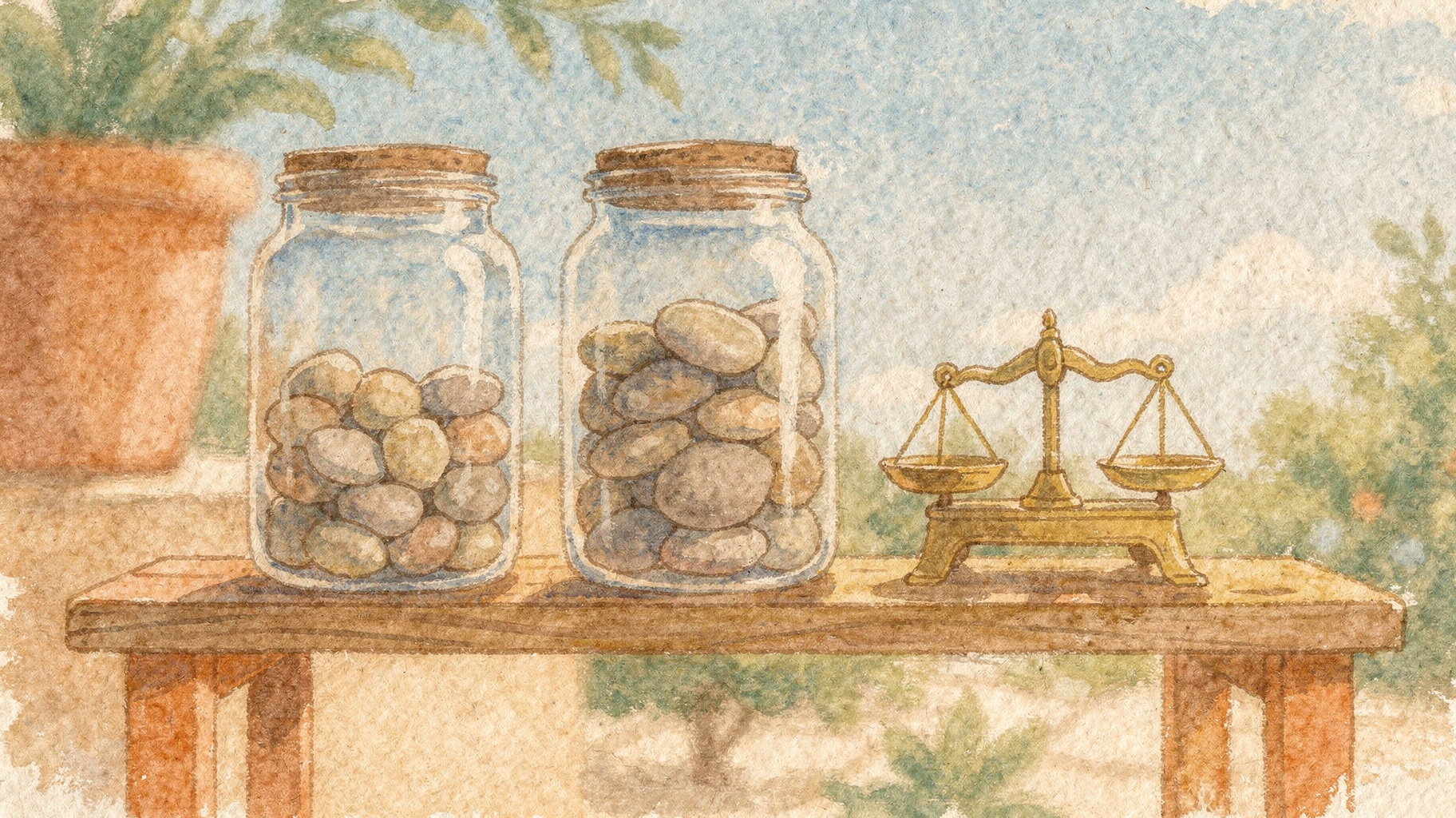 Three jars of pebbles beside a small scale, a picture of three ways AI usage is measured