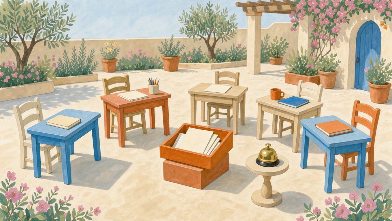Six workstations around a shared inbox tray