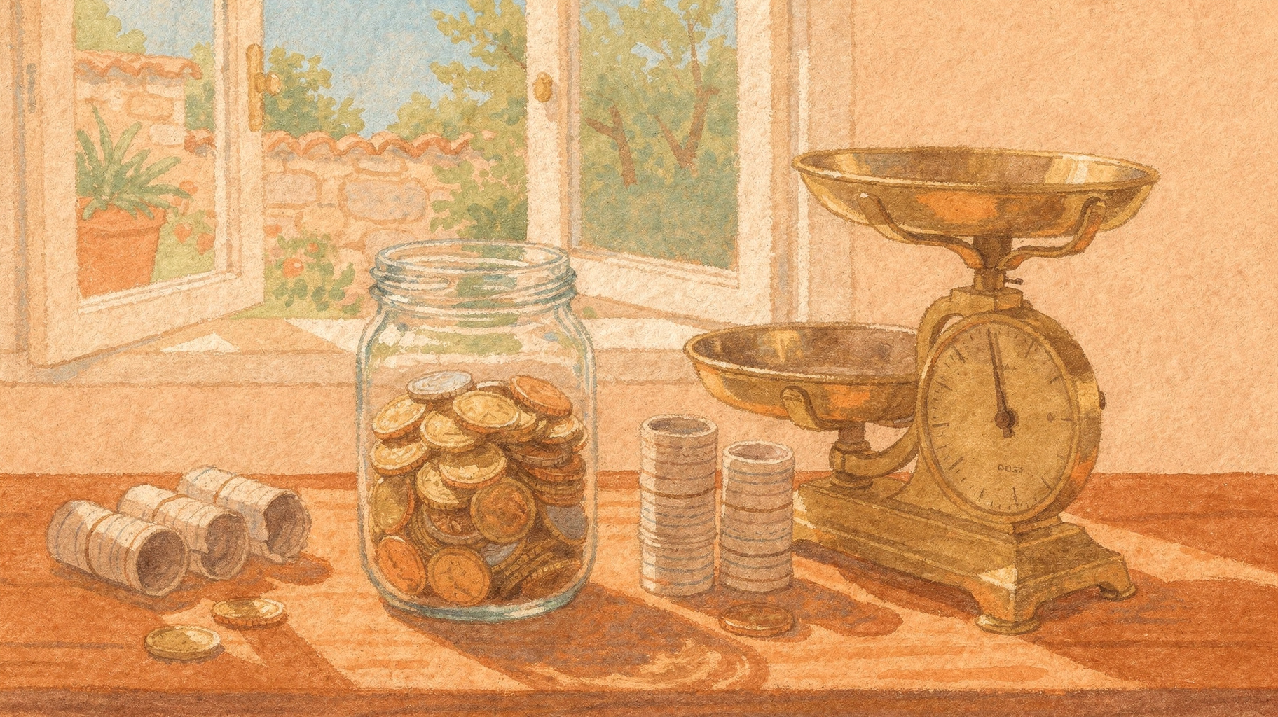 A jar of coins beside extra coin rolls, standing for add-on costs