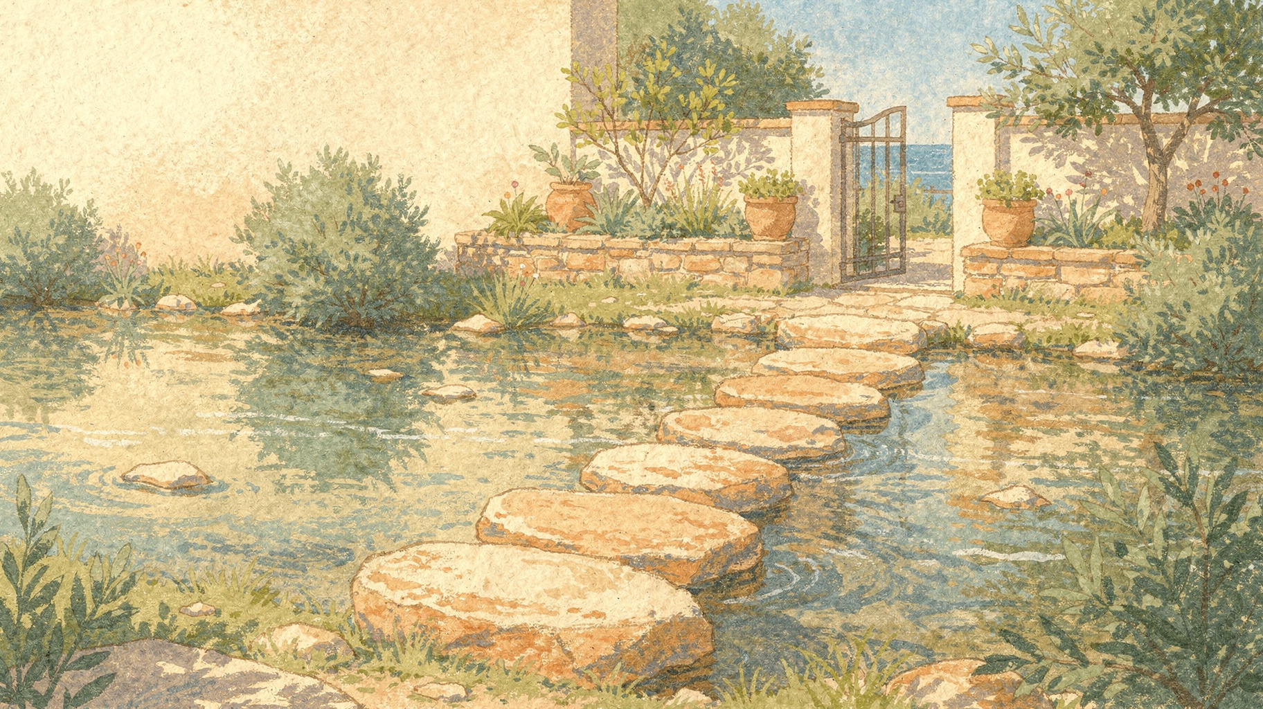 Stepping stones crossing a stream one at a time toward a gate
