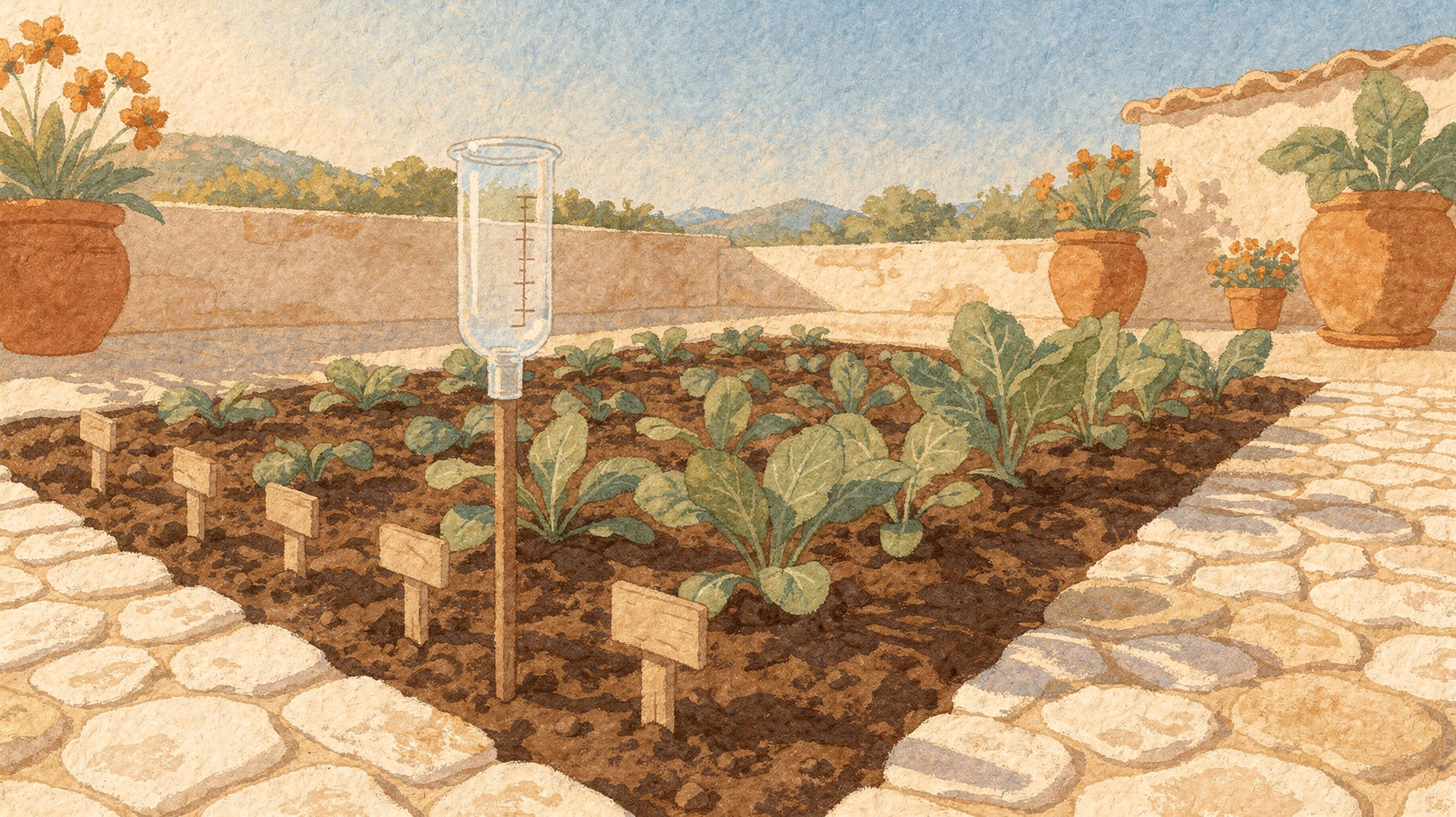 A rain gauge beside a vegetable bed, standing for measuring the effect of proactive service