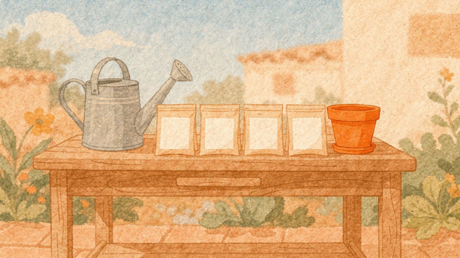 A potting bench with seed packets arranged in a careful row