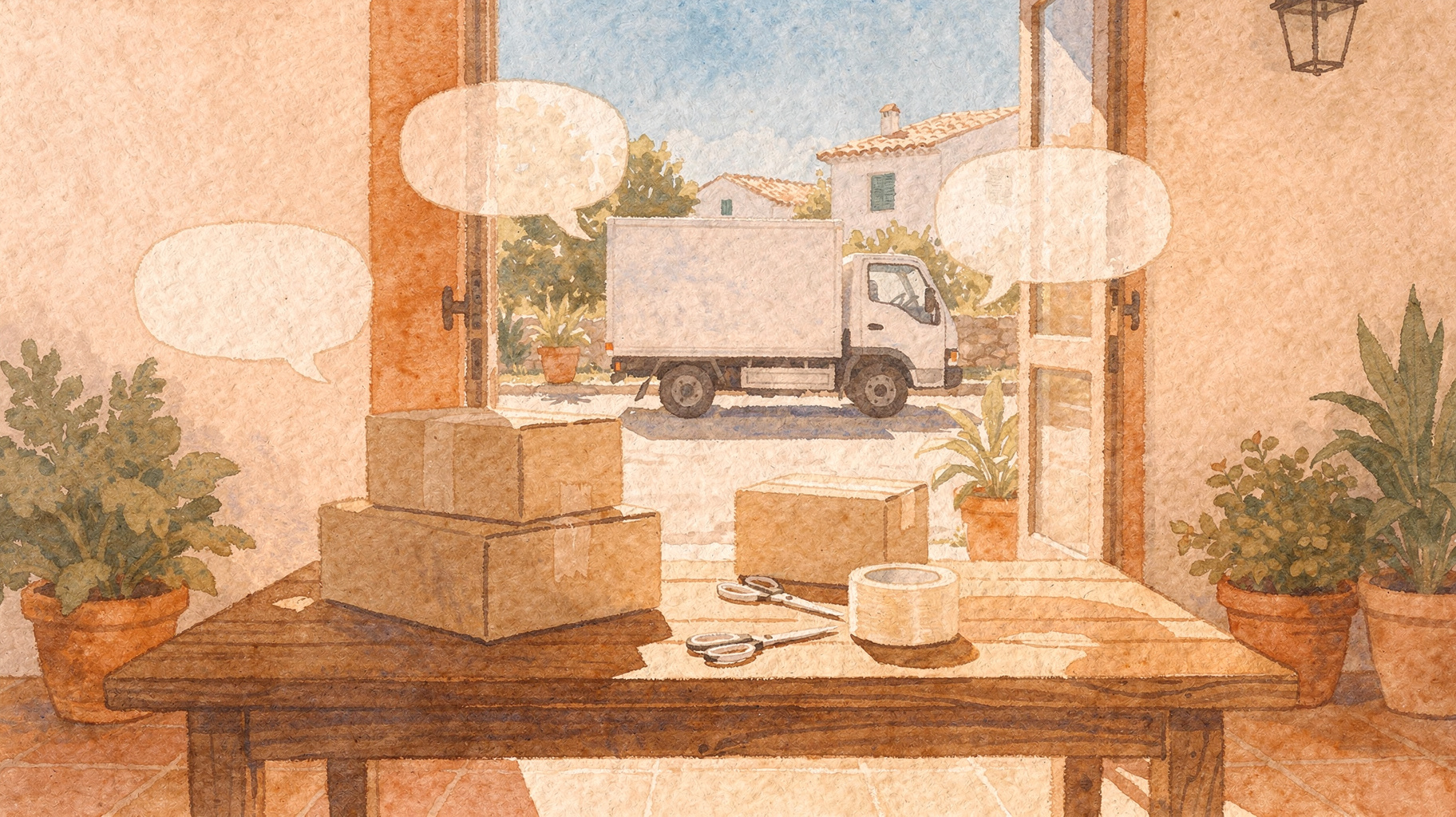 Packing table with parcels and speech bubbles, representing order questions in a Shopify store