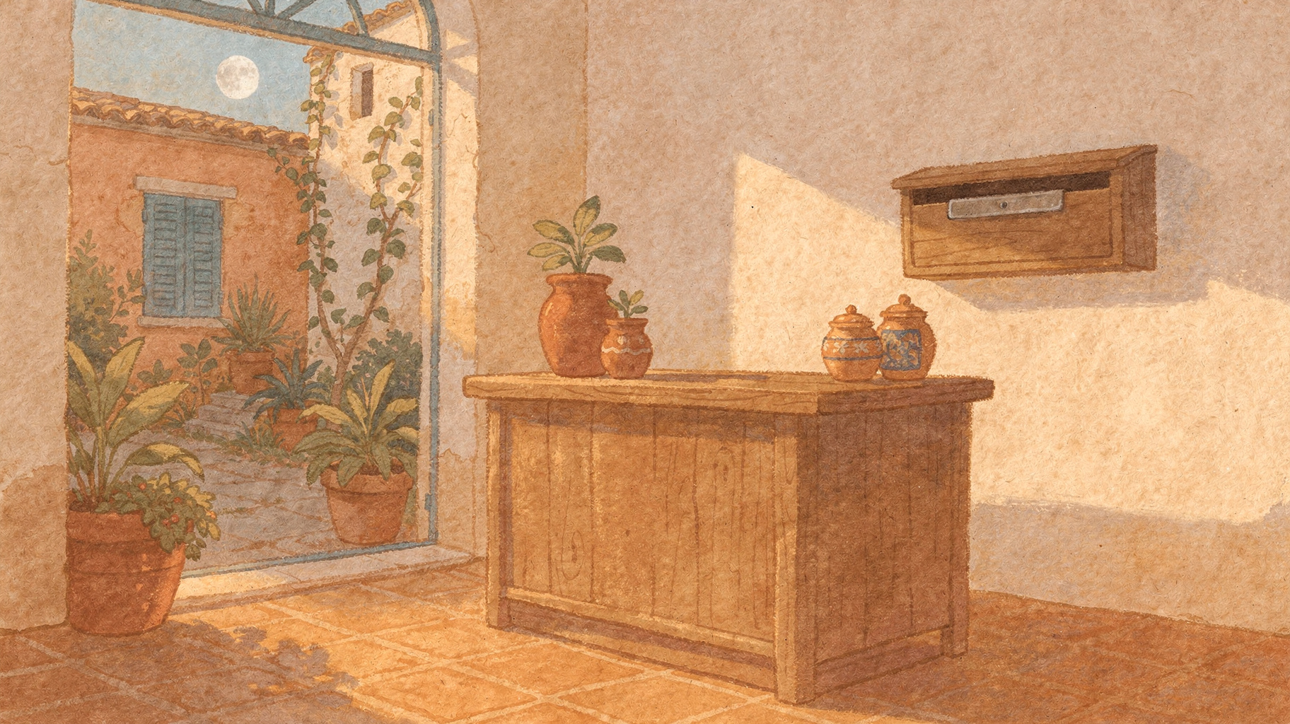 A quiet counter at dusk with letters waiting in a mailbox slot