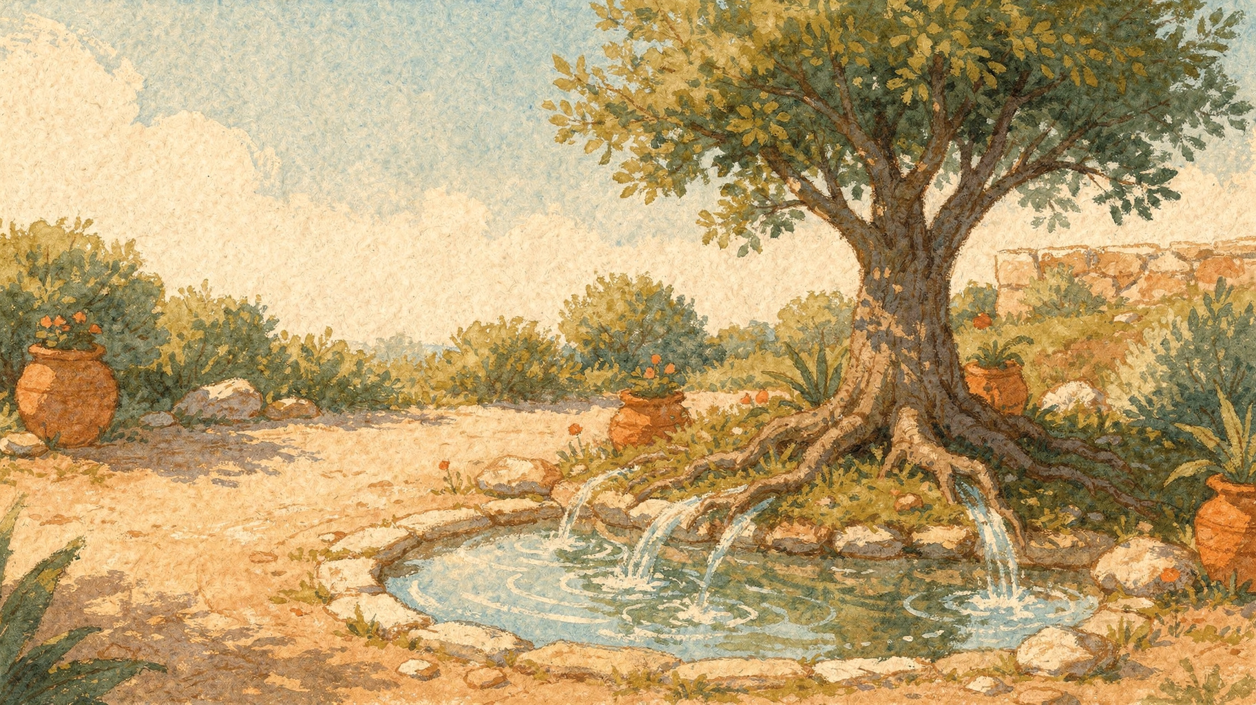 Small streams flowing together into one pool beneath a tree