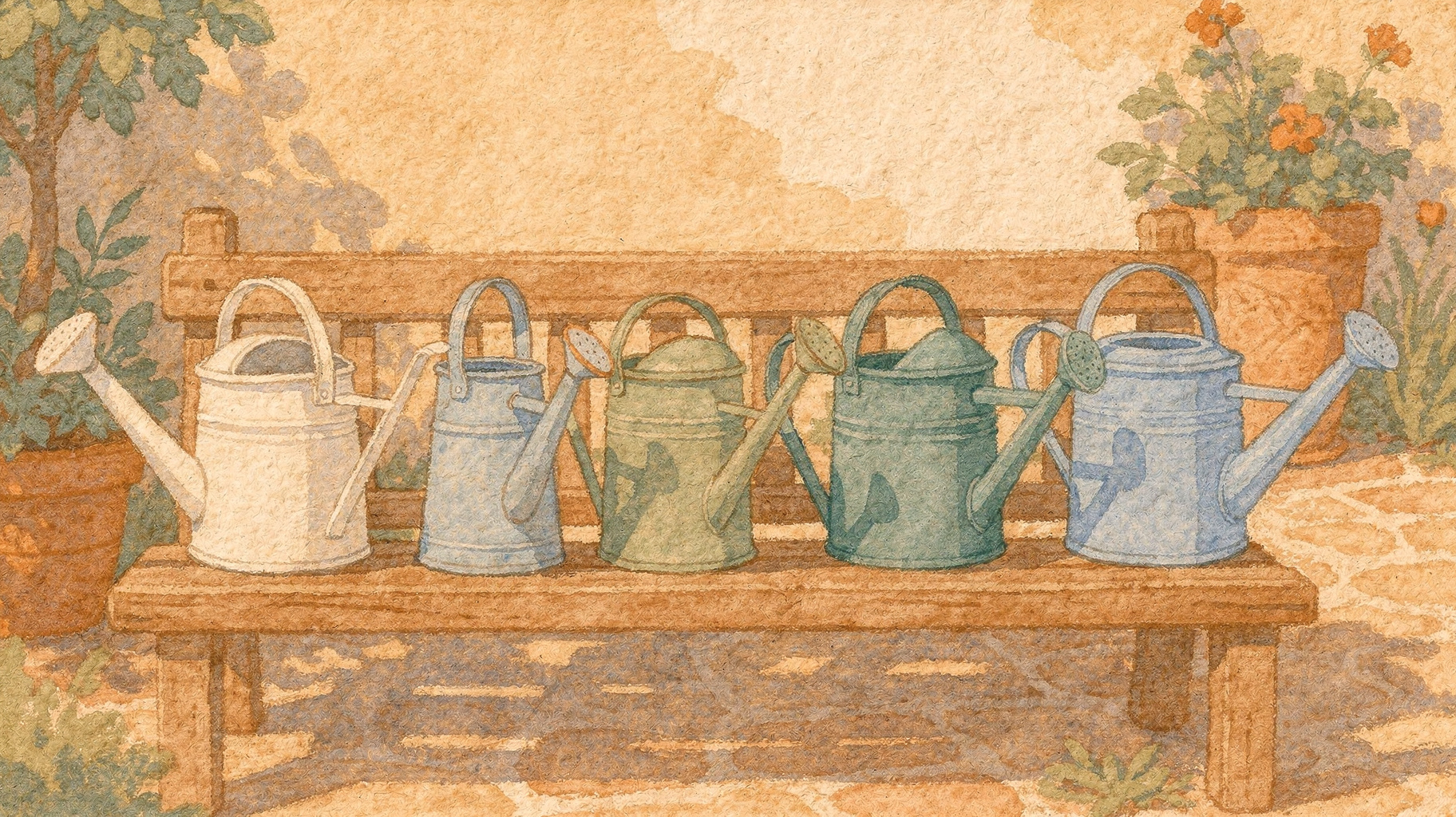 Eight watering cans lined up on a bench for comparison