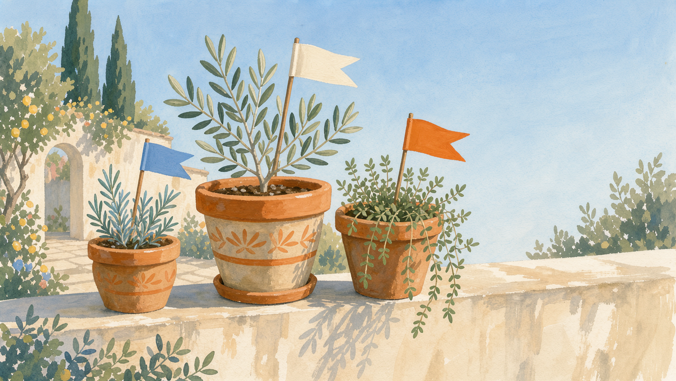 Three pots on a garden wall, one per channel