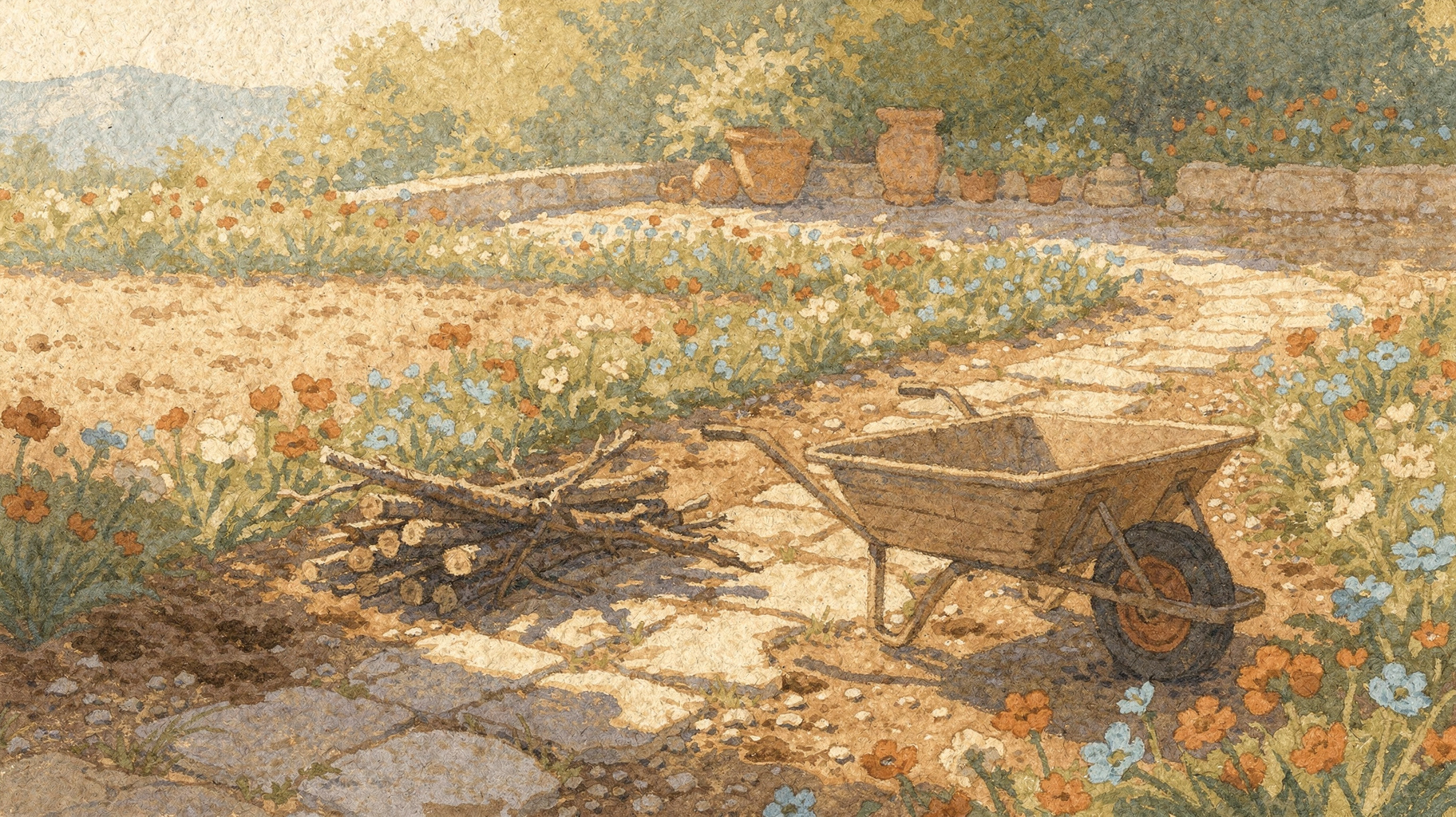 A cleared garden path with branches stacked to the side, a picture of removing obstacles for customers