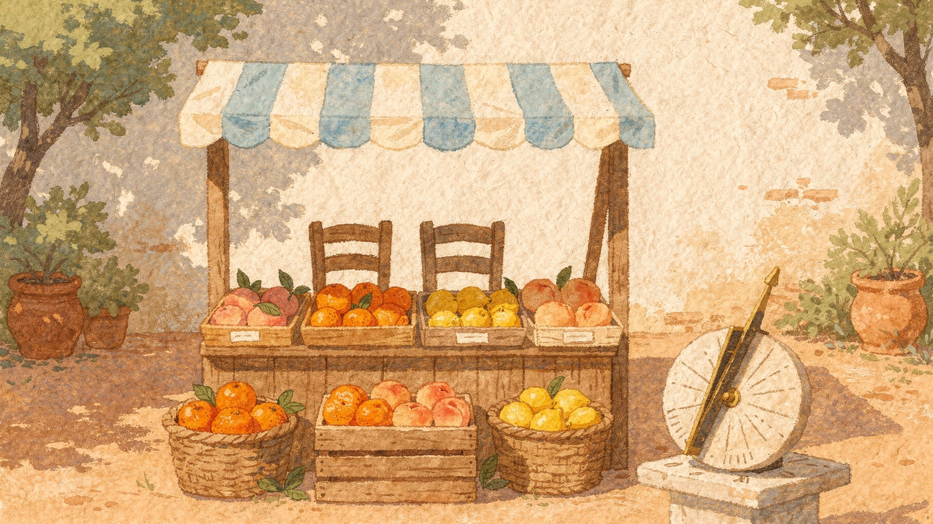 A tidy market stall with two chairs and a sundial in front