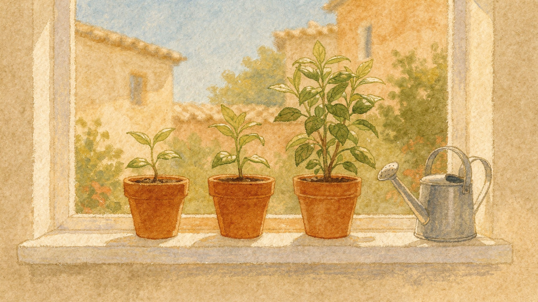 Four pots with a seedling growing taller in each, a picture of a new hire's first four weeks
