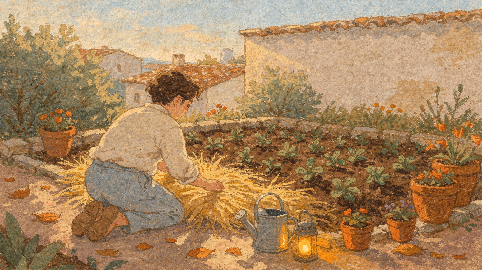 A gardener protecting young plants before frost, a picture of acting before problems arrive