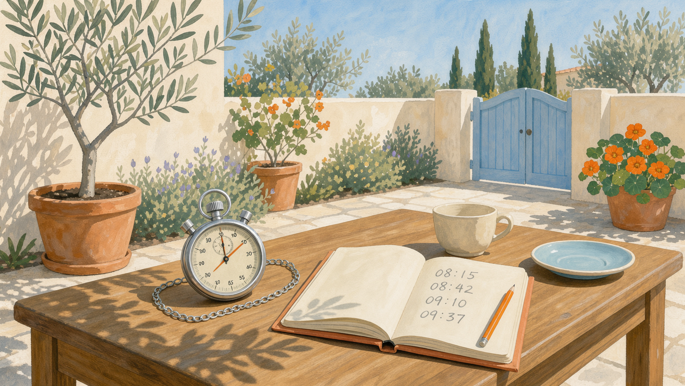 Stopwatch and notebook on a garden desk