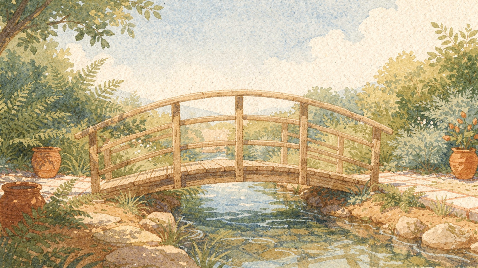 A level wooden footbridge over a stream, a picture of an easy path for customers