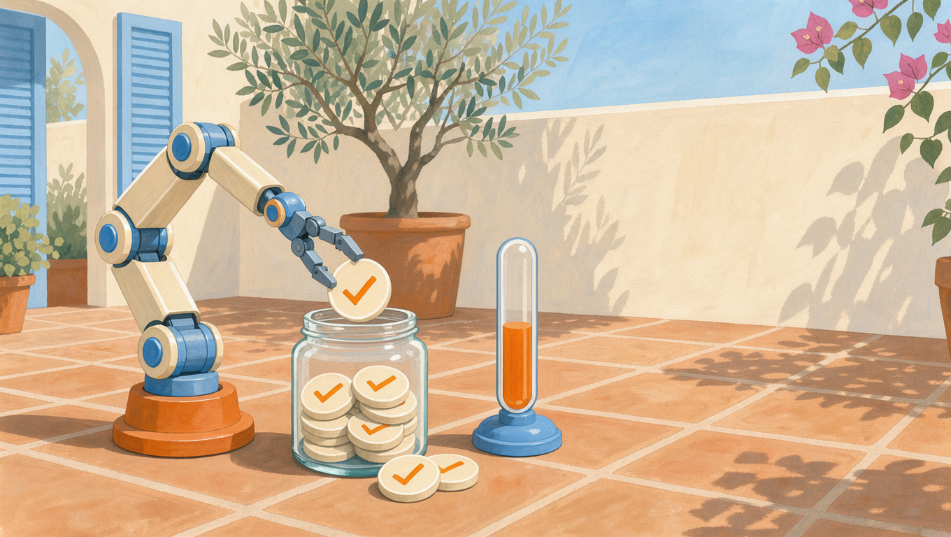 A robot arm dropping checkmark tokens into a jar next to a filling meter