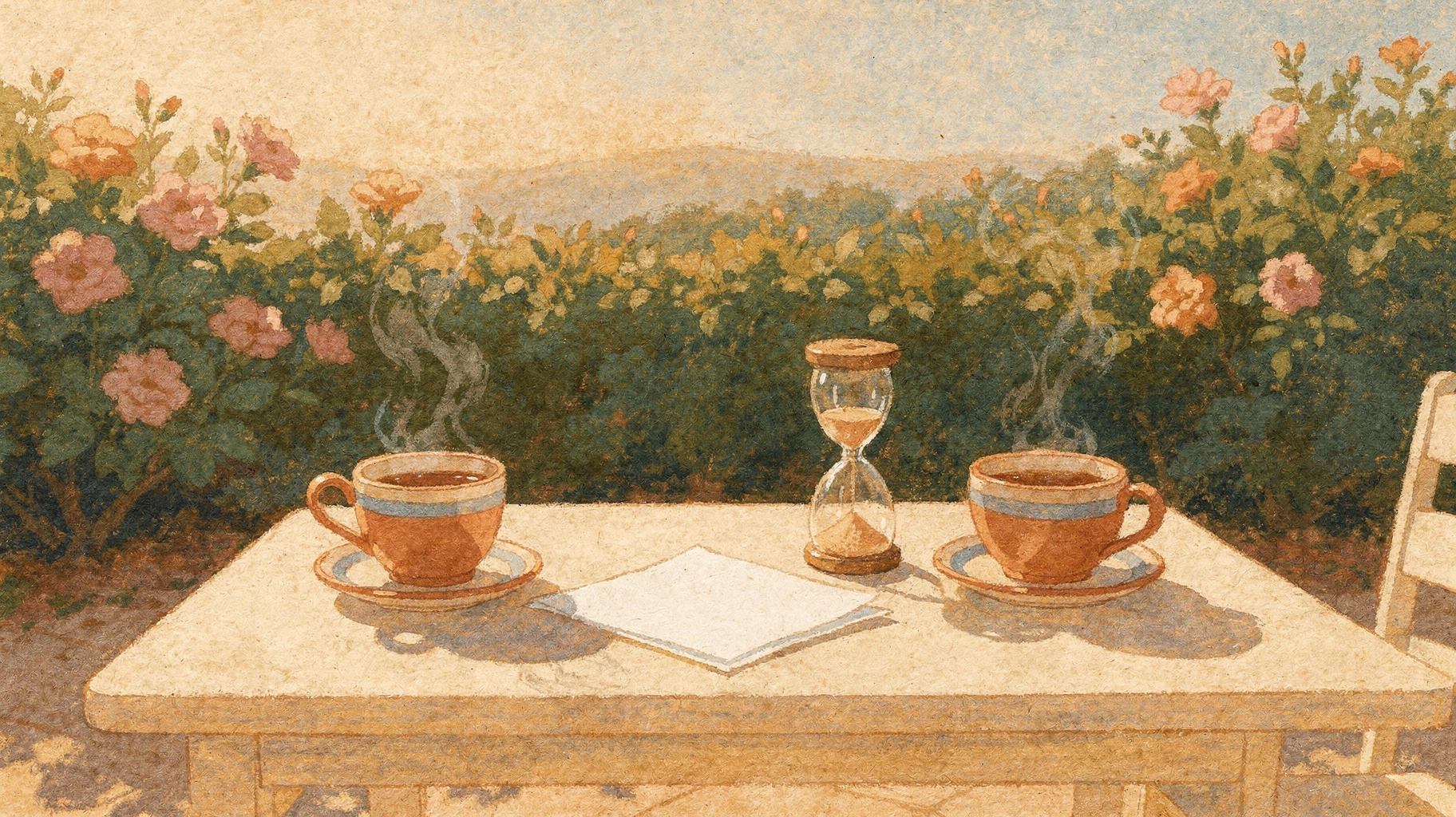 A garden table set for a short practical interview with an hourglass and one sheet of paper