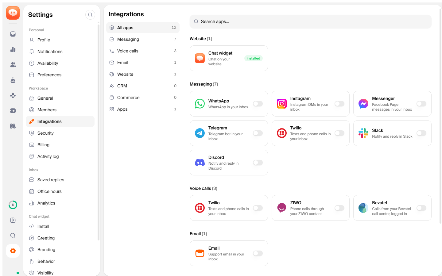 Messaging channels on the Integrations page