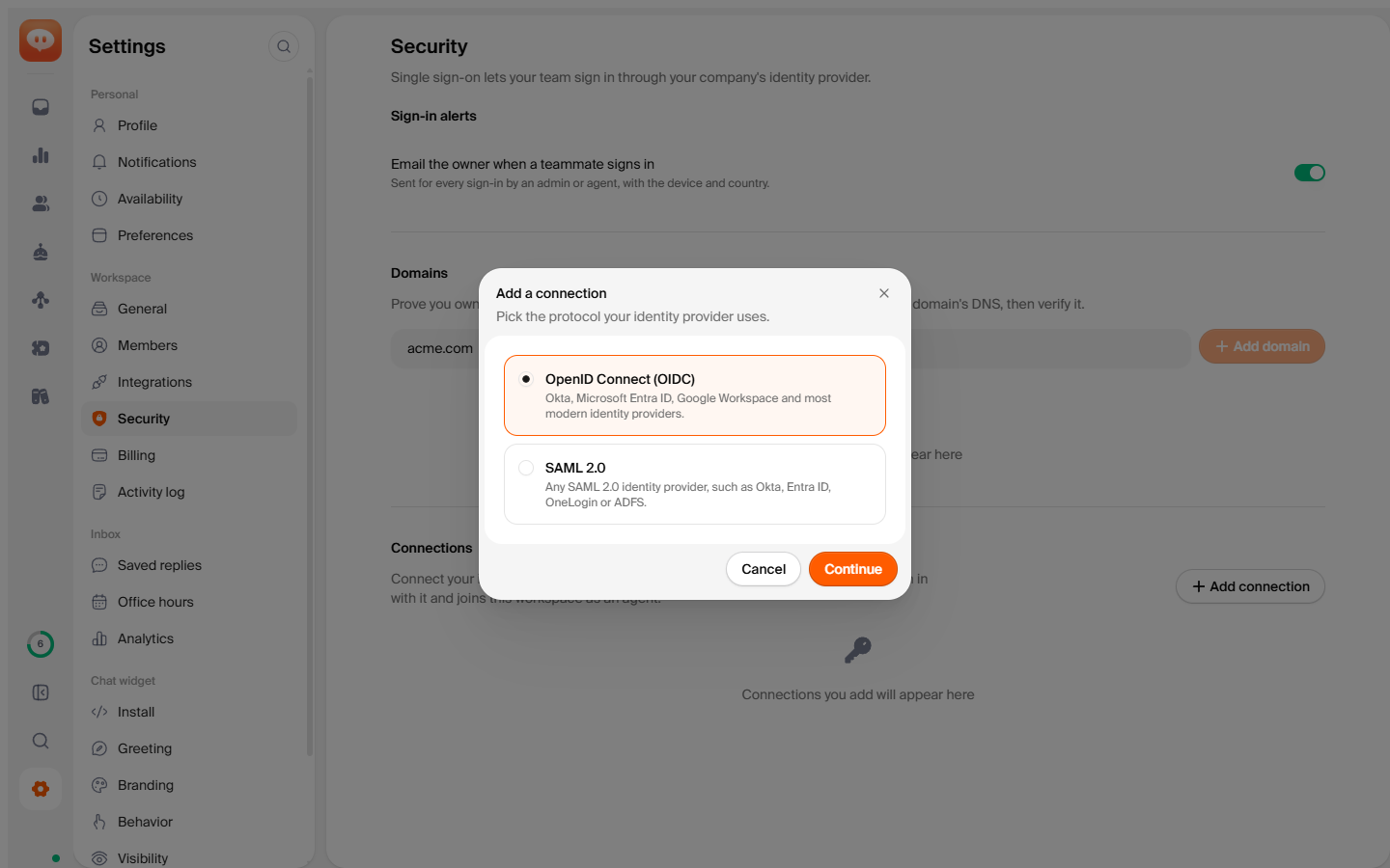Adding an OIDC or SAML connection in Settings, Security