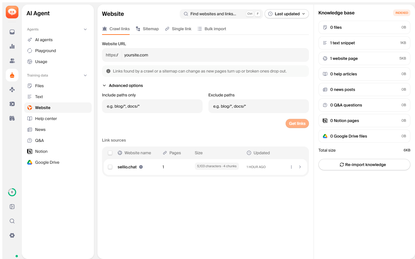 Importing a website into the AI agent knowledge base